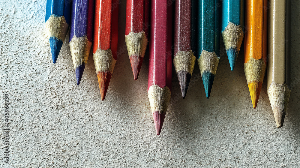Poster Close-up of colored pencils arranged in a row, showcasing their sharpened tips and vibrant hues against a textured background Free space below for text or logo