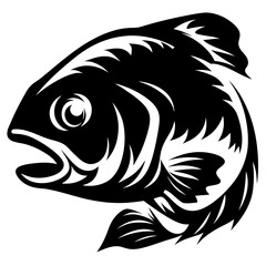A stylized black and white illustration of a largemouth bass fish