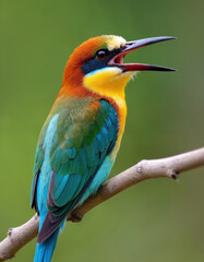 Fototapeta premium Close-up of European bee-eater bird perched on branch. Vibrant colors of blue green yellow orange feathers. Exotic migratory bird wildlife, nature background. Merops apiaster.