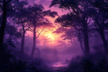 Fototapeta premium Mellow twilight forest where deep purple skies stately tree silhouettes blend with subtle ambient light for a reflective dreamlike mood