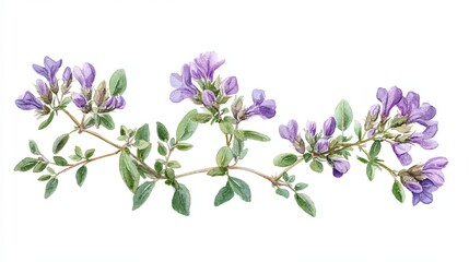 Botanical Watercolor Illustration of Purple Thyme Blossom Branch