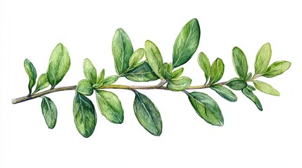 Fototapeta premium Detailed Watercolor Painting of Green Thyme Leaf on Branch