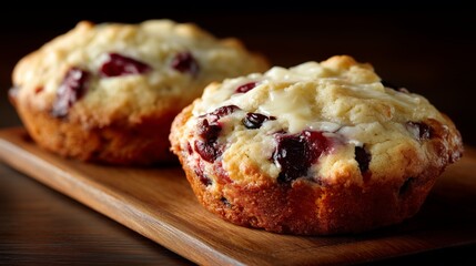 Two freshly baked cherry muffins cooling on a wooden board, tempting snack or breakfast treat.
