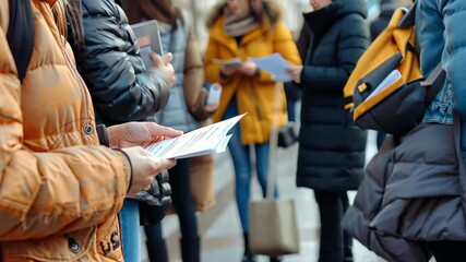 Person handing out flyers on busy city street in autumn, surrounded by people in warm jackets. Concept of street marketing, outdoor promotion, public engagement, urban communication