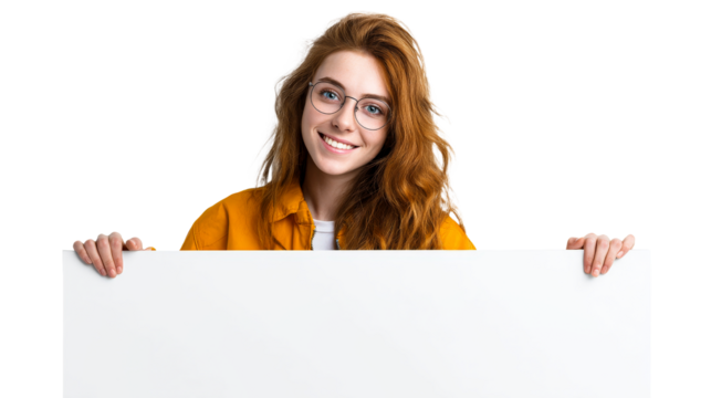 Smiling woman with curly hair holding a blank white sign
