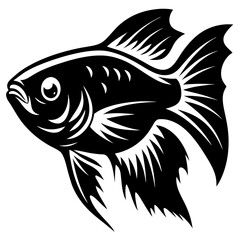 Stylized Black and White Illustration of a Betta Fish with Detailed Fins and Scales