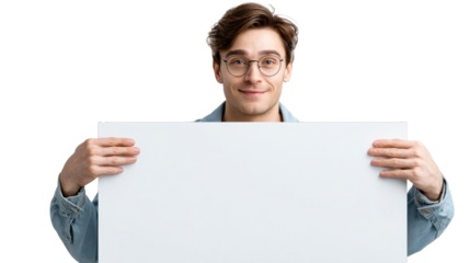 Young man holding a blank sign with a smile on his face