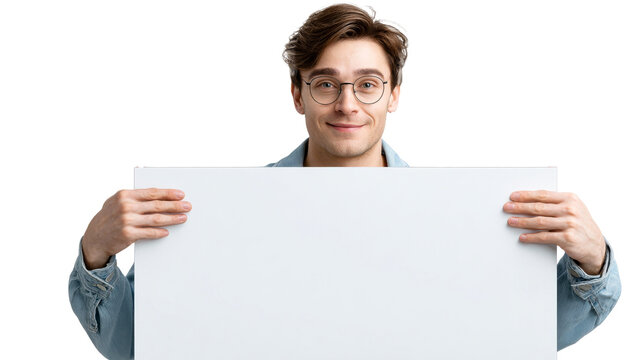 Young man holding a blank sign with a smile on his face