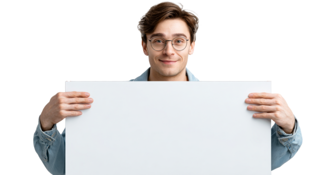 Young man holding a blank sign with a smile on his face