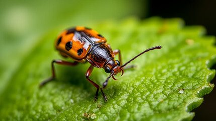 Fototapeta premium Extreme Macro Photography of a Tiny Beetle on a Leaf Highlighting Natural Textures and Details
