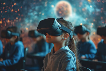 Students engaged in virtual reality learning experience in a modern classroom setting