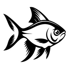 A stylized black and white illustration of a fish a bold graphic design of an aquatic creature