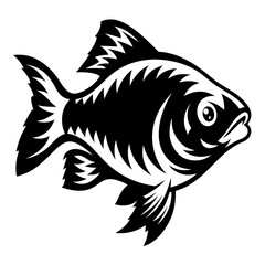 A stylized black and white illustration of a fish with intricate details