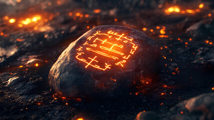 Glowing rune stone with mystical symbols and ancient script on volcanic ground. Runestone Script. Illustration