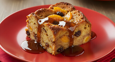 Festive Christmas Bread Pudding with Rum Sauce on Red Plate