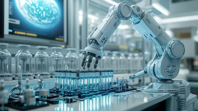 In medical lab, sleek robot arm performs precise movements among rows of test tubes and glowing diagnostics equipment. Robot works, future of medical automation and intelligent laboratory innovation