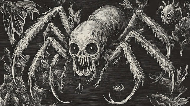 A vector illustration of an eldritch abomination insect exoskeleton texture with disturbing, otherworldly engravings. Eldritch Engraving. Illustration