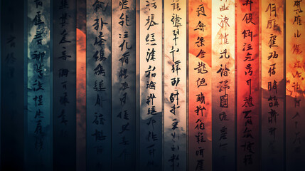 A wall adorned with chinese proverbs written in calligraphy. Twilight Proverb. Illustration