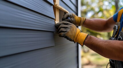 Construction worker installing exterior siding on a new home. Featuring skill and focus