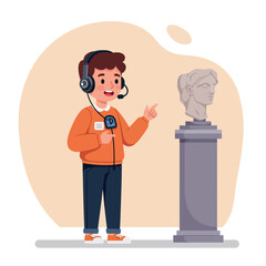 A young boy enthusiastically explaining a statue with a headset, in a flat and colorful vector illustration