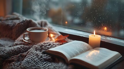 Cozy Moments: A close-up of a serene scene showcasing a cup of hot beverage, an open book, and a burning candle, perfect for embracing a moment of relaxation on a rainy day.