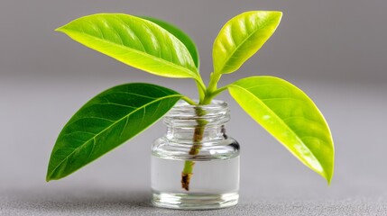 Young plant growing in a transparent glass jar with water rooted on clean surface reflecting sustainability biological growth and ecological laboratory testing in green concept imagery