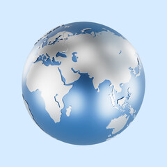 3D globe with metallic continents and blue oceans, surrounded by orbiting blue coins, representing global finance, digital economy, or international transactions.