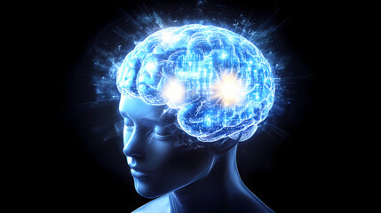 Obraz premium Holographic brain structure merging with digital code, visible through a young figure's transparent head. sci-fi, futuristic, monochromatic with blue glow, 3d rendering. Divine Cipher. Illustration