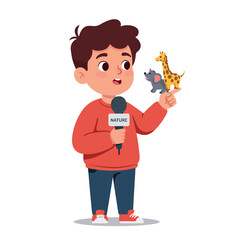 Obraz premium A young boy enthusiastically holding animal toys while speaking into a microphone in a playful, colorful, flat design vector illustration