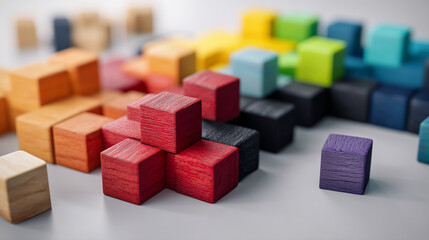 Obraz premium Close-up of colorful wooden cubes arranged in a pattern, showcasing a concept of structured design, problem-solving, or creativity. Free space for text