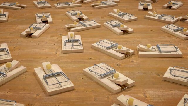 Many mouse traps on a wooden floor. Close up on traps set for mouse or rats. 3D animation.