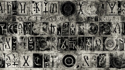 seamless pattern of Latin inscriptions and fragmented sigils on distressed wall with glowing glyphs
