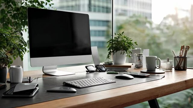 A sleek computer setup on a desk, complemented by a vibrant green plant in the background.