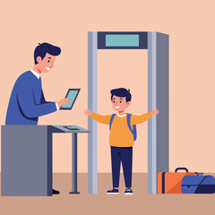 A cheerful child passing through a security scanner at an airport with a friendly attendant in flat vector art