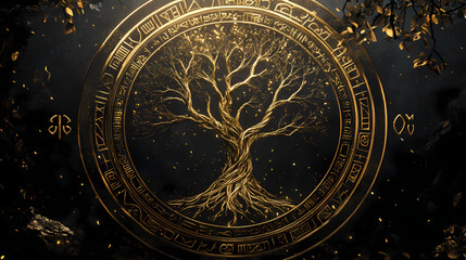 Intricate golden tree design with mystical symbols, ancient magical circle art, black and gold artwork with runic inscriptions. runic. illustration. Mystic Inscriptions. Illustration