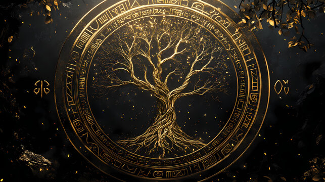 Intricate golden tree design with mystical symbols, ancient magical circle art, black and gold artwork with runic inscriptions. runic. illustration. Mystic Inscriptions. Illustration