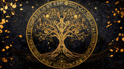 Fototapeta premium Intricate golden tree design with mystical symbols, ancient magical circle art, black and gold artwork with runic inscriptions. runic. illustration. Mystic Inscriptions. Illustration