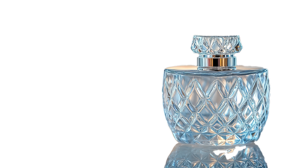  Empty glass container for perfume in a light background.