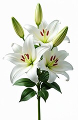 Fototapeta premium Isolated white lily flower with green leaves and buds. Elegant Easter bouquet floral arrangements for greeting cards or wedding invitations. Blossom bloom isolated on white.