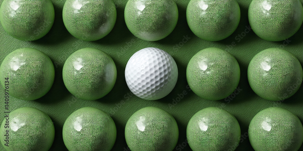 Poster green textured spheres surround a single white golf ball, creating a visual contrast and highlightin