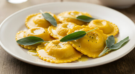 Butternut squash ravioli with sage butter sauce on a white plate