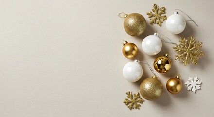 Fototapeta premium Golden Christmas balls, a shiny gold bauble and a festive golden Christmas ball with ribbon are seasonal ornaments for holiday celebration