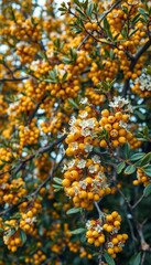 Low-lying sea buckthorn bush laden with ripe yellow berries and delicate blossoms, detail, flowers, fruit