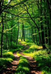 Fototapeta premium Misty forest path winds through dense, lush foliage, sunlight dappling the ground, journey, fern, wilderness