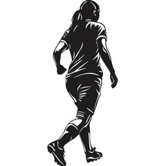 Back view female footballer silhouette, in walking motion vector illustration