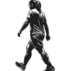 Fototapeta premium Back view female footballer silhouette, in walking motion vector illustration