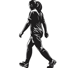 Back view female footballer silhouette, in walking motion vector illustration