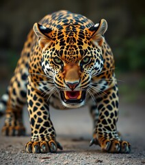 Obraz premium Powerful leopard poised for attack, muscles tense, ready to pounce, spot, beauty, nature photography