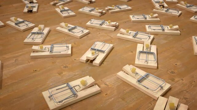 Close up on many mouse traps on a wooden floor. Camera zooms out showing traps set for a mouse or rats. 3D animation.