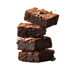 Pieces of chocolate brownies floating or falling isolated on transparent background.